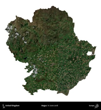 Angus. Birleşik Krallık 'ın idari alanı, Haziran 2018' de çekilen Kopernik Nöbetçi karolarından oluşan bir uydu görüntüsüyle beyaza izole edilmiştir.