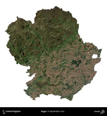 Angus. Birleşik Krallık 'ın idari alanı, Eylül 2019' da çekilen Kopernik Nöbetçi karolarından oluşan bir uydu görüntüsü üzerinde beyaza izole edilmiştir.