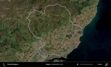 Angus. Eylül 2019 'da çekilen Kopernik Nöbetçi karolarından oluşan bir uydu görüntüsü üzerinde Birleşik Krallık' ın idari alanının ana hatlarını belirledik.