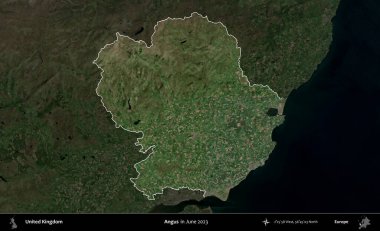 Angus. Birleşik Krallık 'ın idari alanı, Haziran 2023' te çekilen Kopernik Nöbetçi karolarından oluşan koyu renkli bir uydu görüntüsüyle vurgulanmış ve özetlenmiştir.