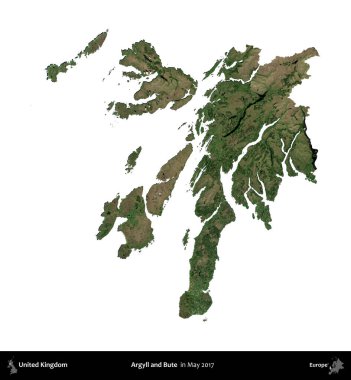 Argyll ve Bute. Birleşik Krallık 'ın idari alanı, Mayıs 2017' de çekilen Kopernik Nöbetçi karolarından oluşan bir uydu görüntüsü üzerinde beyaza izole edilmiştir.