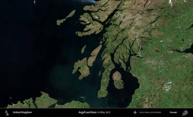 Argyll ve Bute. Mayıs 2017 'de çekilen Copernicus Sentinel karolarından oluşan bir uydu görüntüsü üzerinde Birleşik Krallık' ın idari bölgesinin ana hatlarını belirledik.