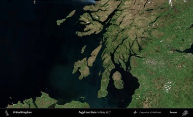 Argyll ve Bute. Mayıs 2017 'de Copernicus Sentinel karolarından oluşan bir uydu görüntüsü üzerinde Birleşik Krallık' ın idari alanı