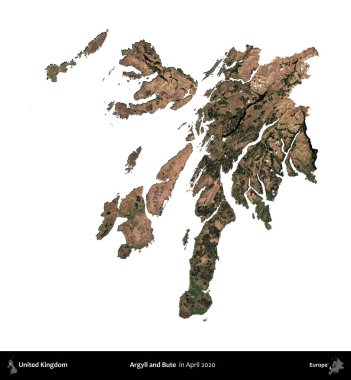 Argyll ve Bute. Birleşik Krallık 'ın idari alanı, Nisan 2020' de çekilen Kopernik Nöbetçi karolarından oluşan bir uydu görüntüsü üzerinde beyaza izole edilmiştir.
