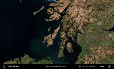 Argyll ve Bute. Nisan 2023 'te çekilen Kopernik Nöbetçi karolarından oluşan bir uydu görüntüsü üzerinde Birleşik Krallık' ın idari alanının ana hatlarını belirledik.