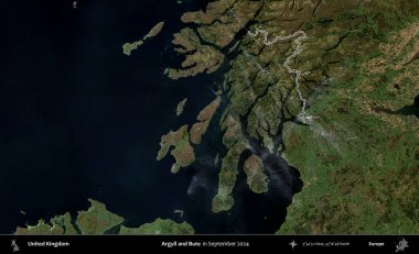 Argyll ve Bute. Eylül 2024 'te çekilen Kopernik Nöbetçi karolarından oluşan bir uydu görüntüsü üzerinde Birleşik Krallık' ın idari bölgesinin ana hatlarını belirledik.
