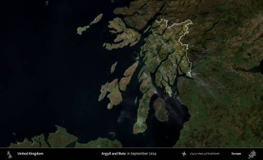 Argyll ve Bute. Birleşik Krallık 'ın idari alanı, Eylül 2024' te çekilen Kopernik Nöbetçi karolarından oluşan koyu renkli bir uydu görüntüsü üzerinde vurgulandı ve özetlendi.