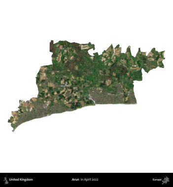 Arun. Birleşik Krallık 'ın idari alanı, Nisan 2022' de çekilen Kopernik Nöbetçi karolarından oluşan bir uydu görüntüsü ile beyaza izole edilmiştir.