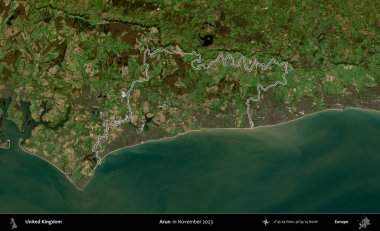 Arun. Kasım 2023 'te çekilen Kopernik Nöbetçi karolarından oluşan bir uydu görüntüsü üzerinde Birleşik Krallık' ın idari alanının ana hatlarını belirledik.