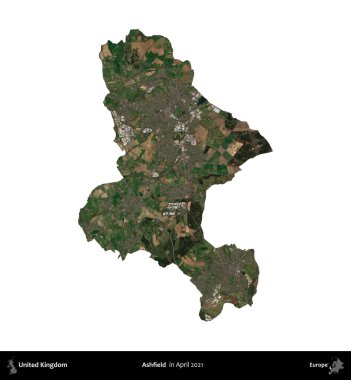 Ashfield. Birleşik Krallık 'ın idari alanı, Nisan 2021' de çekilen Kopernik Nöbetçi karolarından oluşan bir uydu görüntüsü üzerinde beyaza izole edilmiştir.