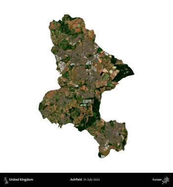 Ashfield. Birleşik Krallık 'ın idari alanı, Temmuz 2022' de çekilen Kopernik Nöbetçi karolarından oluşan bir uydu görüntüsüyle beyaza izole edildi.