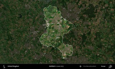 Ashfield. Birleşik Krallık 'ın idari alanı, Haziran 2023' te çekilen Kopernik Nöbetçi karolarından oluşan koyu renkli bir uydu görüntüsüyle vurgulanmış ve özetlenmiştir.