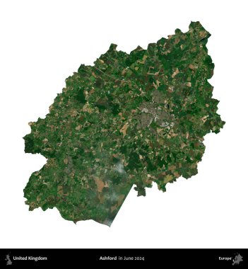 Ashford. Birleşik Krallık 'ın idari alanı, Haziran 2024' te çekilen Kopernik Nöbetçi karolarından oluşan bir uydu görüntüsüyle beyaza izole edilmiştir.