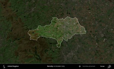 Barnsley. Birleşik Krallık 'ın idari alanı, Ekim 2019' da çekilen Kopernik Nöbetçi karolarından oluşan koyu renkli bir uydu görüntüsü üzerinde vurgulandı ve özetlendi.