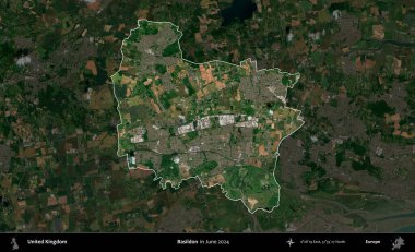 Basildon. Birleşik Krallık 'ın idari alanı, Haziran 2024' te çekilen Kopernik Nöbetçi karolarından oluşan koyu renkli bir uydu görüntüsü üzerinde vurgulandı ve özetlendi.