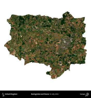 Basingstoke ve Deane. Birleşik Krallık 'ın idari alanı, Temmuz 2022' de çekilen Kopernik Nöbetçi karolarından oluşan bir uydu görüntüsüyle beyaza izole edildi.