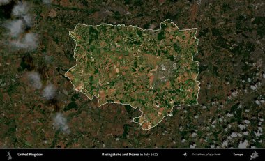 Basingstoke ve Deane. Birleşik Krallık 'ın idari alanı, Temmuz 2022' de çekilen Kopernik Nöbetçi karolarından oluşan koyu renkli bir uydu görüntüsüyle vurgulanmış ve özetlenmiştir.
