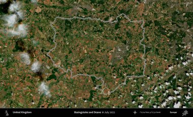 Basingstoke ve Deane. Temmuz 2022 'de çekilen Copernicus Sentinel karolarından oluşan bir uydu görüntüsü üzerinde Birleşik Krallık' ın idari bölgesinin ana hatlarını belirledik.