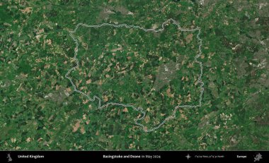 Basingstoke ve Deane. Mayıs 2024 'te çekilen Copernicus Sentinel karolarından oluşan bir uydu görüntüsü üzerinde Birleşik Krallık' ın idari bölgesini özetledik.