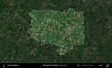 Basingstoke ve Deane. Birleşik Krallık 'ın idari alanı, Mayıs 2024' te çekilen Kopernik Nöbetçi karolarından oluşan koyu renkli bir uydu görüntüsü üzerinde vurgulandı ve özetlendi.
