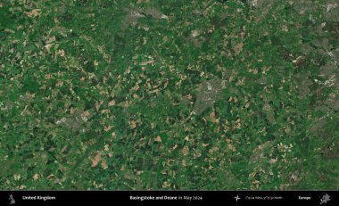 Basingstoke ve Deane. Mayıs 2024 'te Copernicus Sentinel karolarından oluşan bir uydu görüntüsü üzerinde Birleşik Krallık' ın idari alanı