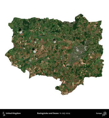 Basingstoke ve Deane. Birleşik Krallık 'ın idari alanı, Temmuz 2024' te çekilen Kopernik Nöbetçi karolarından oluşan bir uydu görüntüsü ile beyaza izole edilmiştir.