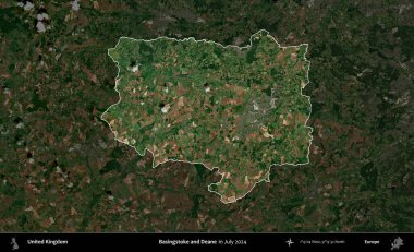 Basingstoke ve Deane. Birleşik Krallık 'ın idari alanı, Temmuz 2024' te çekilen Kopernik Nöbetçi karolarından oluşan koyu renkli bir uydu görüntüsü üzerinde vurgulandı ve özetlendi.