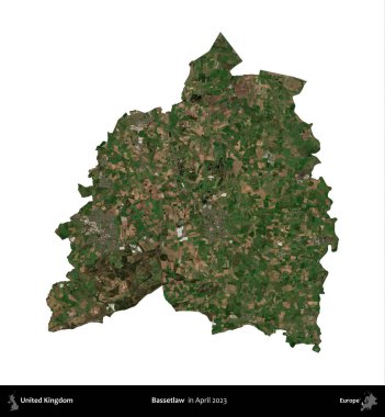 Bassetlaw. Birleşik Krallık 'ın idari alanı, Nisan 2023' te çekilen Kopernik Nöbetçi karolarından oluşan bir uydu görüntüsü üzerinde beyaza izole edilmiştir.