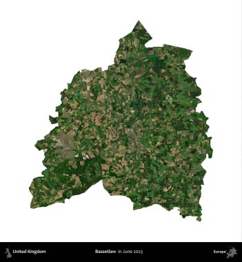 Bassetlaw. Birleşik Krallık 'ın idari alanı, Haziran 2023' te çekilen Kopernik Nöbetçi karolarından oluşan bir uydu görüntüsü üzerinde beyaza izole edilmiştir.