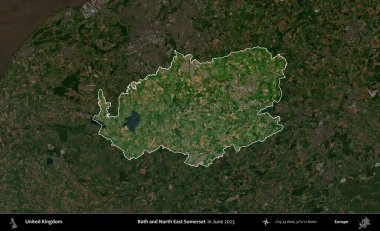 Bath ve Kuzey Doğu Somerset. Birleşik Krallık 'ın idari alanı, Haziran 2023' te çekilen Kopernik Nöbetçi karolarından oluşan koyu renkli bir uydu görüntüsüyle vurgulanmış ve özetlenmiştir.