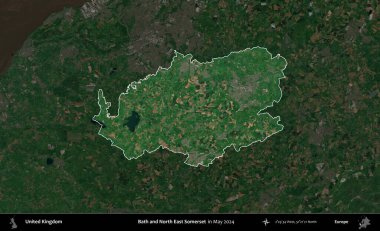 Bath ve Kuzey Doğu Somerset. Birleşik Krallık 'ın idari alanı, Mayıs 2024' te çekilen Kopernik Nöbetçi karolarından oluşan koyu renkli bir uydu görüntüsü üzerinde vurgulandı ve özetlendi.