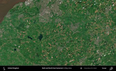 Bath ve Kuzey Doğu Somerset. Mayıs 2024 'te Copernicus Sentinel karolarından oluşan bir uydu görüntüsü üzerinde Birleşik Krallık' ın idari alanı