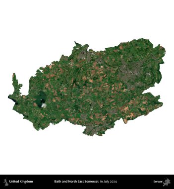 Bath ve Kuzey Doğu Somerset. Birleşik Krallık 'ın idari alanı, Temmuz 2024' te çekilen Kopernik Nöbetçi karolarından oluşan bir uydu görüntüsü ile beyaza izole edilmiştir.