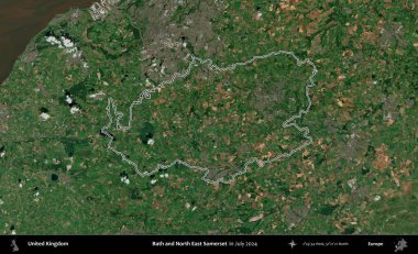 Bath ve Kuzey Doğu Somerset. Temmuz 2024 'te çekilen Copernicus Sentinel karolarından oluşan bir uydu görüntüsü üzerinde Birleşik Krallık' ın idari bölgesinin ana hatlarını belirledik.
