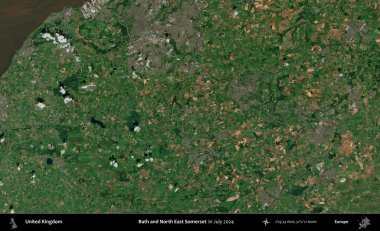 Bath ve Kuzey Doğu Somerset. Temmuz 2024 'te çekilen Kopernik Nöbetçi karolarından oluşan bir uydu görüntüsü üzerinde Birleşik Krallık' ın idari alanı