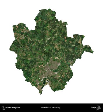 Bedford. Birleşik Krallık 'ın idari alanı, Haziran 2023' te çekilen Kopernik Nöbetçi karolarından oluşan bir uydu görüntüsü üzerinde beyaza izole edilmiştir.