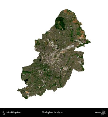 Birmingham. Birleşik Krallık 'ın idari alanı, Temmuz 2022' de çekilen Kopernik Nöbetçi karolarından oluşan bir uydu görüntüsüyle beyaza izole edildi.