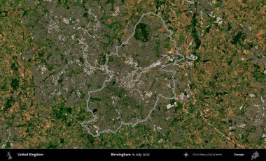 Birmingham. Temmuz 2022 'de çekilen Copernicus Sentinel karolarından oluşan bir uydu görüntüsü üzerinde Birleşik Krallık' ın idari bölgesinin ana hatlarını belirledik.