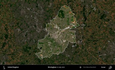 Birmingham. Birleşik Krallık 'ın idari alanı, Temmuz 2022' de çekilen Kopernik Nöbetçi karolarından oluşan koyu renkli bir uydu görüntüsüyle vurgulanmış ve özetlenmiştir.