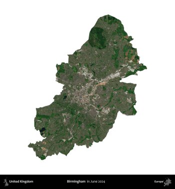 Birmingham. Birleşik Krallık 'ın idari alanı, Haziran 2024' te çekilen Kopernik Nöbetçi karolarından oluşan bir uydu görüntüsüyle beyaza izole edilmiştir.