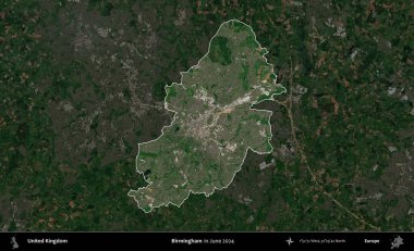 Birmingham. Birleşik Krallık 'ın idari alanı, Haziran 2024' te çekilen Kopernik Nöbetçi karolarından oluşan koyu renkli bir uydu görüntüsü üzerinde vurgulandı ve özetlendi.
