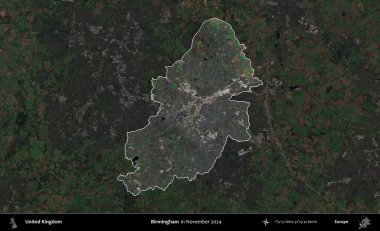 Birmingham. Birleşik Krallık 'ın idari alanı, Kasım 2024' te çekilen Kopernik Nöbetçi karolarından oluşan koyu renkli bir uydu görüntüsü üzerinde vurgulandı ve özetlendi.