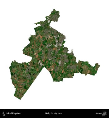 Blaby. Birleşik Krallık 'ın idari alanı, Temmuz 2024' te çekilen Kopernik Nöbetçi karolarından oluşan bir uydu görüntüsü ile beyaza izole edilmiştir.