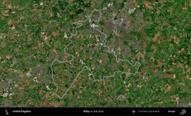 Blaby. Temmuz 2024 'te çekilen Copernicus Sentinel karolarından oluşan bir uydu görüntüsü üzerinde Birleşik Krallık' ın idari bölgesinin ana hatlarını belirledik.