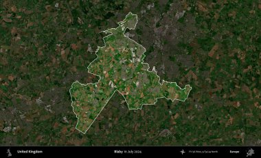 Blaby. Birleşik Krallık 'ın idari alanı, Temmuz 2024' te çekilen Kopernik Nöbetçi karolarından oluşan koyu renkli bir uydu görüntüsü üzerinde vurgulandı ve özetlendi.