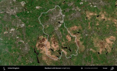 Blackburn ve Darwen. Nisan 2023 'te çekilen Kopernik Nöbetçi karolarından oluşan bir uydu görüntüsü üzerinde Birleşik Krallık' ın idari alanının ana hatlarını belirledik.