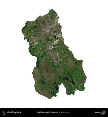 Blackburn ve Darwen. Birleşik Krallık 'ın idari alanı, Haziran 2023' te çekilen Kopernik Nöbetçi karolarından oluşan bir uydu görüntüsü üzerinde beyaza izole edilmiştir.