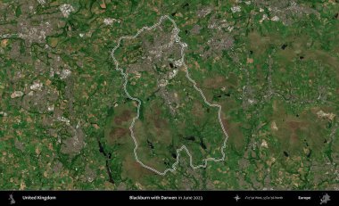 Blackburn ve Darwen. Haziran 2023 'te çekilen Kopernik Nöbetçi karolarından oluşan bir uydu görüntüsü üzerinde Birleşik Krallık' ın idari alanının ana hatlarını belirledik.