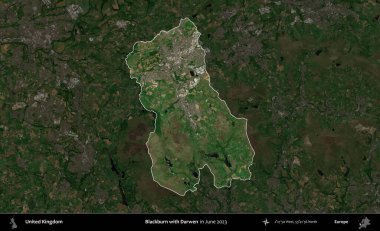 Blackburn ve Darwen. Birleşik Krallık 'ın idari alanı, Haziran 2023' te çekilen Kopernik Nöbetçi karolarından oluşan koyu renkli bir uydu görüntüsüyle vurgulanmış ve özetlenmiştir.