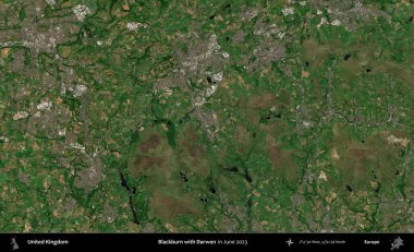 Blackburn ve Darwen. Haziran 2023 'te çekilen Kopernik Nöbetçi karolarından oluşan bir uydu görüntüsü üzerinde Birleşik Krallık' ın idari alanı